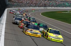 Ron Hornaday Jr. leads the field to the green flag in Sunday’s O’Reilly Auto Parts 250 at Kansas Speedway. Credit: Jonathan Ferrey/Getty Images for NASCAR